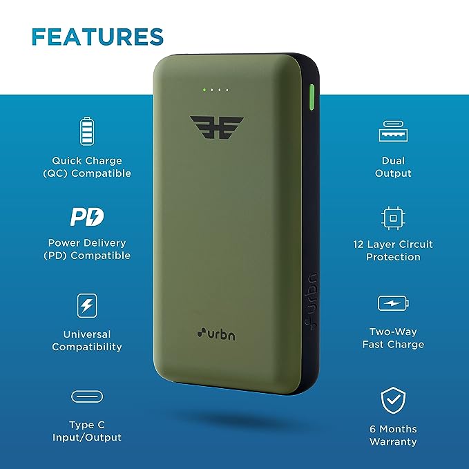 URBN 20000 mAh Lithium_Polymer 22.5W Super Fast Charging Ultra Compact Power Bank with Quick Charge & Power Delivery, Type C Input/Output, Made in India, Type C Cable Included (Camo) URBN 20000 mAh Lithium_Polymer 22.5W Super Fast Charging Ultra Compact Power Bank with Quick Charge & Power Delivery, Type C Input/Output, Made in India, Type C Cable Included (Camo)